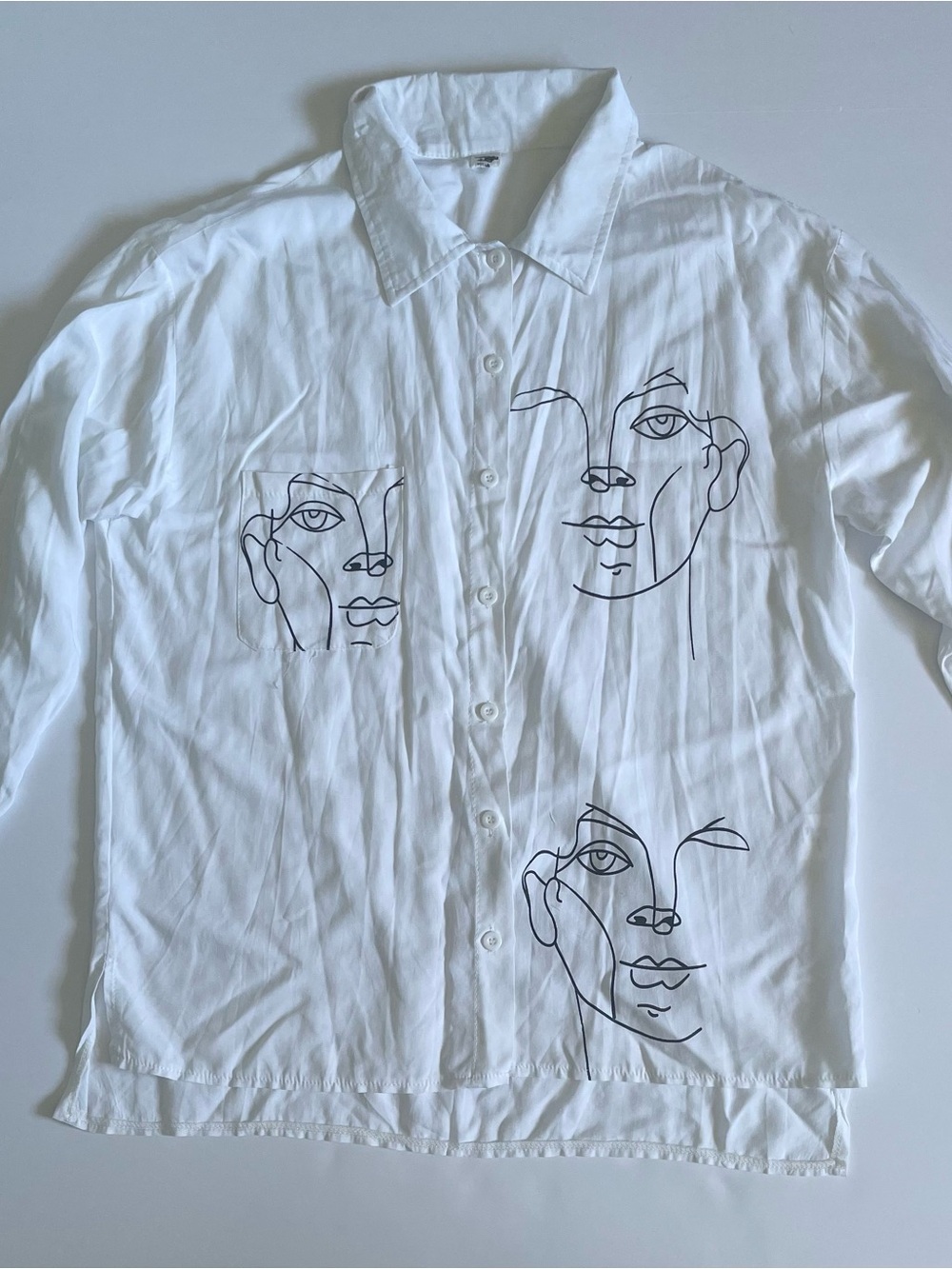 White Button-Up Shirt size S with Minimalist Face Line Art